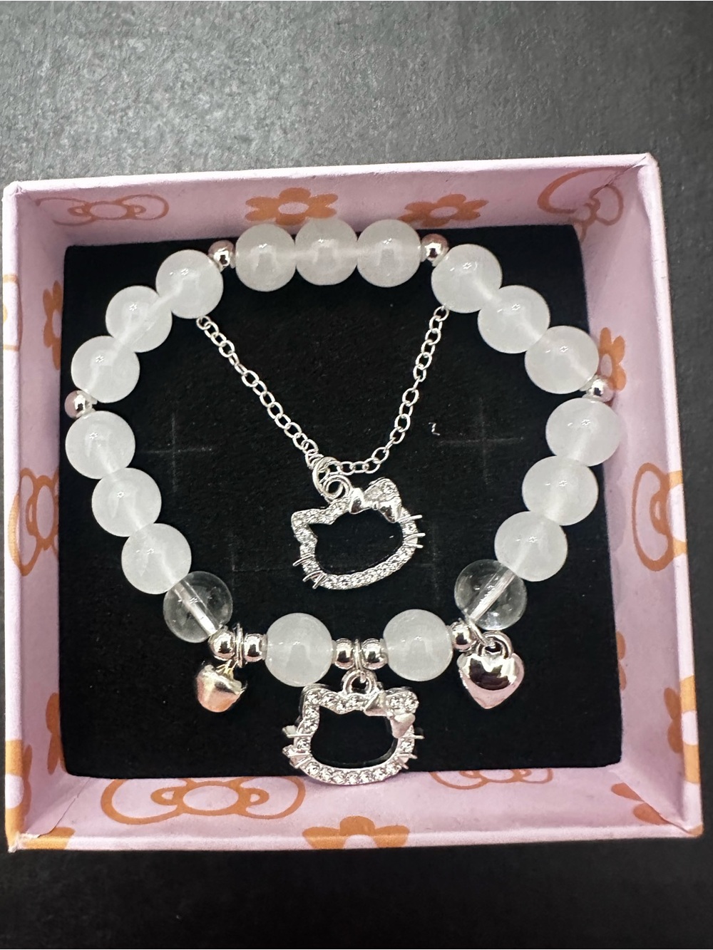 Hello Kitty Face Charm and Beaded Bracelet and Silver 18" Chain with Charm
